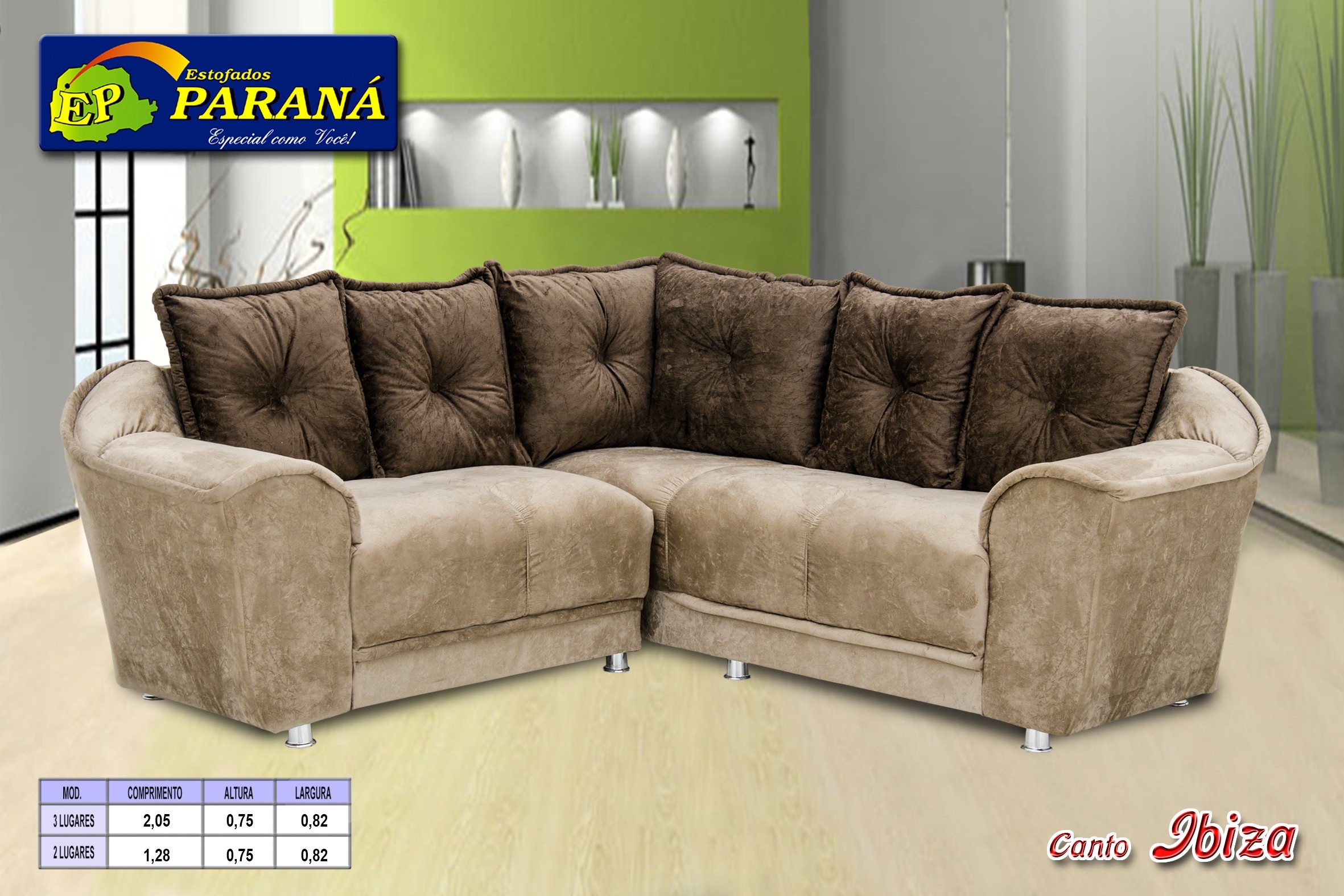 Conjunto Estofado Canto Ibiza 3X2L Estofados Parana Bege/Marrom