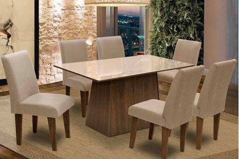 Conjunto de Mesa C/6 Cadeiras Florença Dobue Movelaria Castanho/bege/mascavo