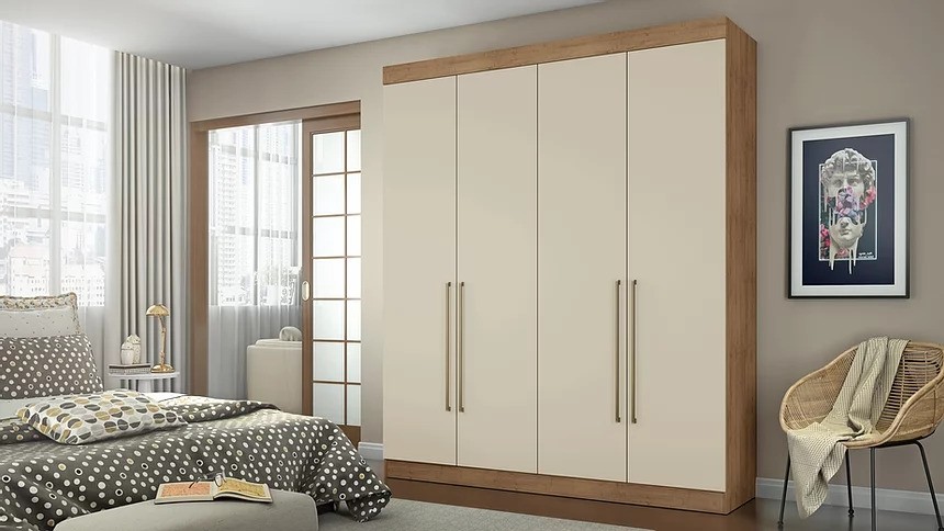Roupeiro 4PT 3GV 100% MDF Itaguara Conquista Amendoa/Off White