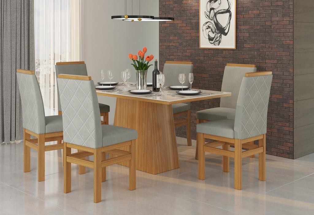 Conjunto de Mesa Com Tampo de Vidro e 6 Cadeiras de Madeira