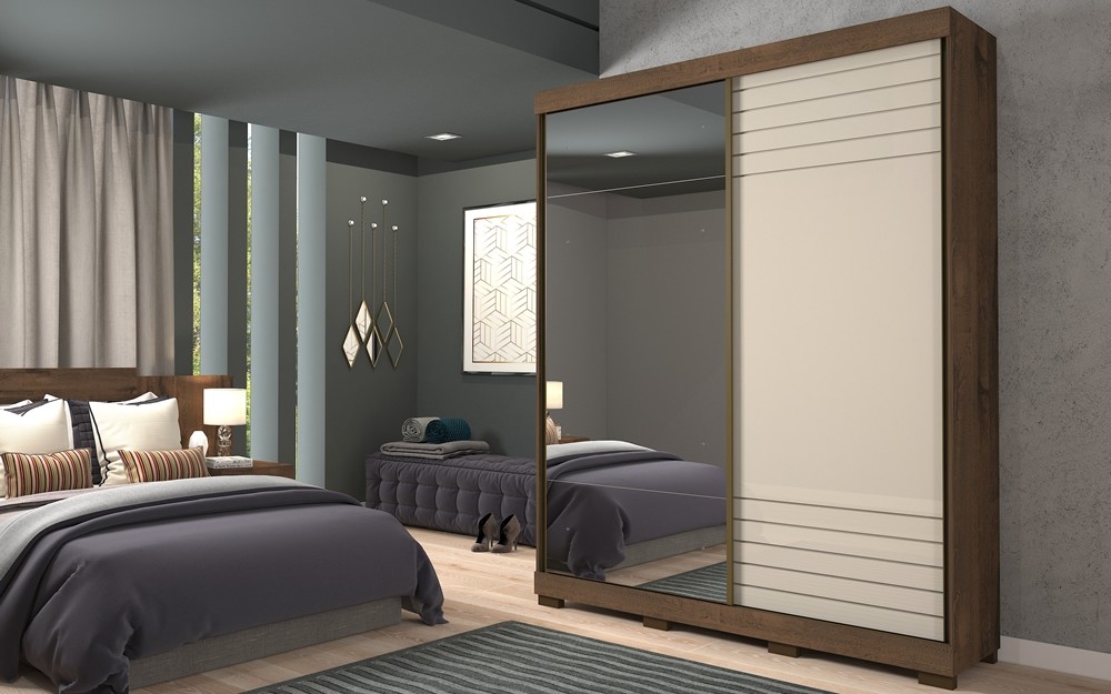 Roupeiro 2PT 3GV MDF C/Espelho Bia Panan Café/Off White 