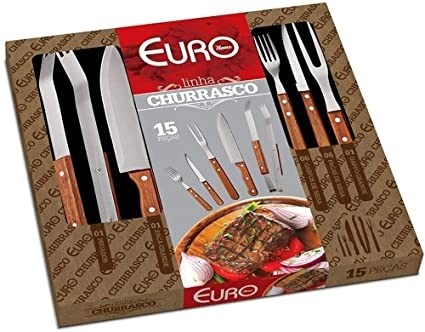 Conjunto 15 peças Churrasco Euro Inox/Madeira 
