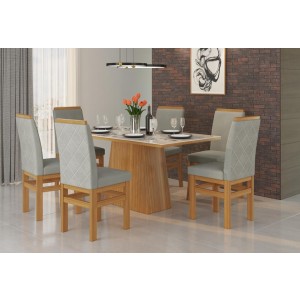Conjunto de Mesa Com Tampo de Vidro e 6 Cadeiras de Madeira