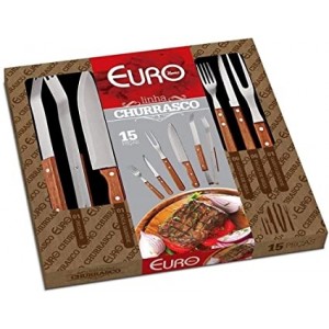 Conjunto 15 peças Churrasco Euro Inox/Madeira 
